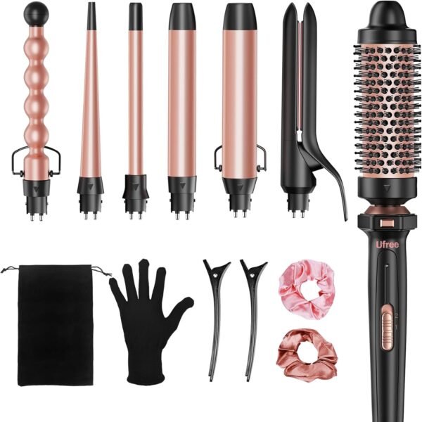 71eFlevq05L._AC_SL1500_.jpg Ufree 7-in-1 Curling Iron Set with Interchangeable Ceramic Barrels, Curling Wand Set with Thermal Brush, Hair Straightener and Wand Curling Iron, Versatile Styling Hair Curlers Set, Gifts for Women