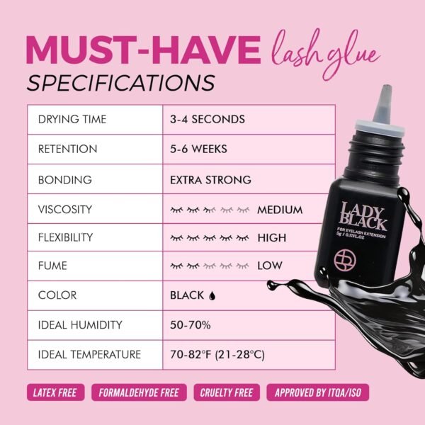 71eJC297TaL._SL1500_.jpg Lady Black Eyelash Extension Glue 5ml 3-4s Drying Time 5-6 Weeks Retention Sky Black Adhesive Waterproof Eyelash Glue for Lash Extensions Professional Lash Supplies (PROFESSIONAL USE ONLY)