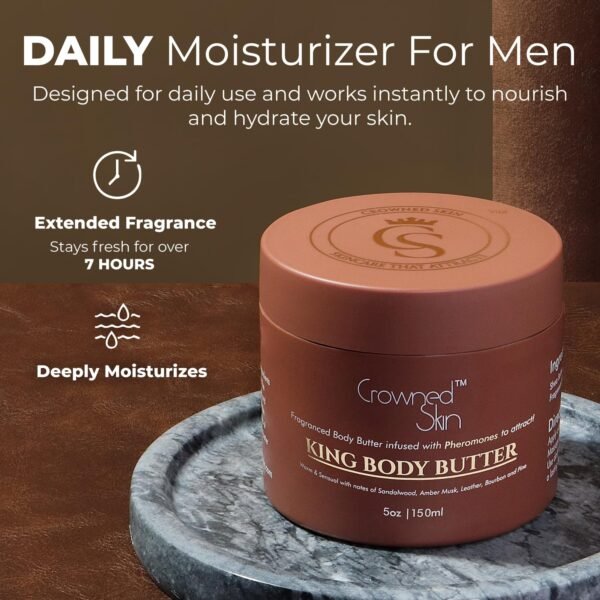 King Cologned Body Butter | Warm and Sensual Scent | Blended with Sandalwood & Leather | Infused with Organic Shea & Mango Butters | Moisturizing Formula with All-Day Fragrance | 5oz