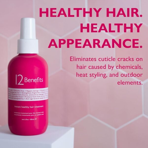 12 Benefits Instant Healthy Hair Treatment - Leave In Conditioner Spray with Quaternium 39 and Silk Fibre Protein - Smooths Frizz, Strengthens & Repairs Damaged Hair - (6 Fl Oz), Packaging May Vary