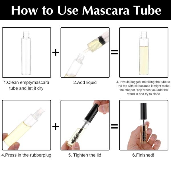 71eWffhf6qL._SL1500_.jpg 5 Pack 10ml Clear Refillable Eyelash Cream Container Empty Mascara Tube with Brush Wand for Castor Oil/Coconut Oil/Eyebrow Growth Serum, 5 Rubber Inserts, Black