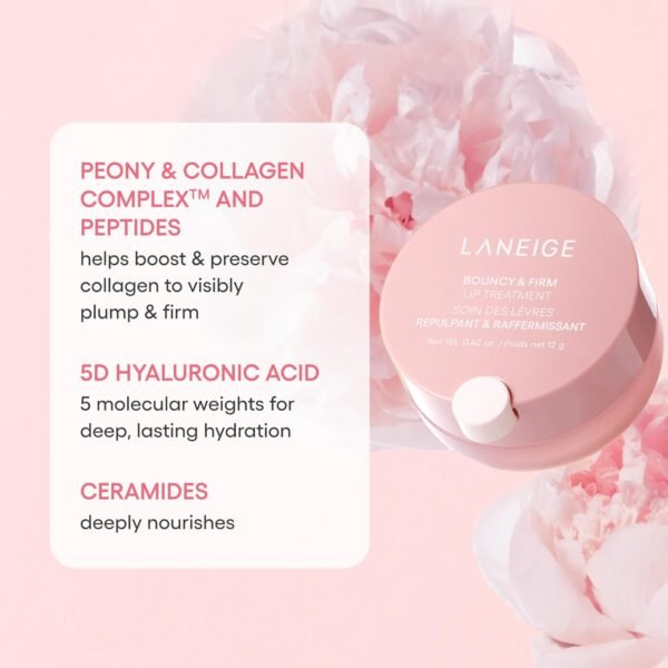 71eZ69CjsRL._SL1500_.jpg LANEIGE Bouncy & Firm Lip Treatment: Plumping & Firming Lip Care with Peony & Collagen Complex, Ceramide Capsules, & 5D Hyaluronic Acid for Hydration