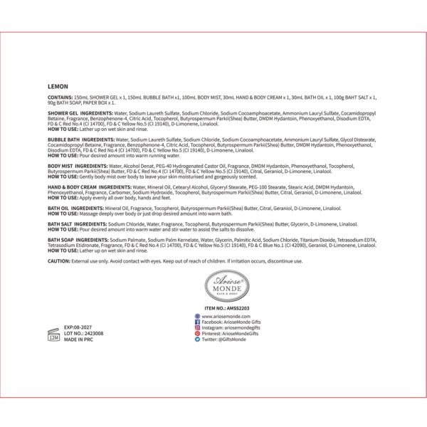 Lemon Scent Bath Spa Gift Box Set for Women - Shower Gel, Bubble Bath, Body Cream, Soap, Salt, Essential Oil