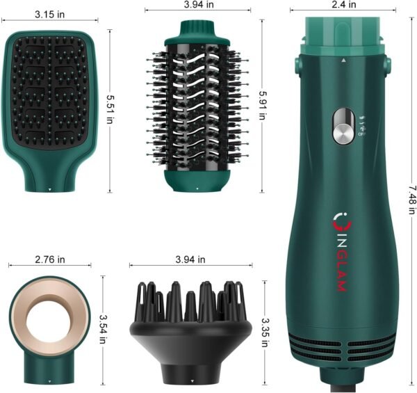71f3oPXoxFL._AC_SL1500_.jpg IG INGLAM Hair Dryer Brush, 4-in-1 Detachable Blow Dryer Brush, Ionic Diffuser Hair Dryer & Styler Volumizer with Oval Titanium Barrel, One-Step Hot Air Blowout Brush, Dark Green