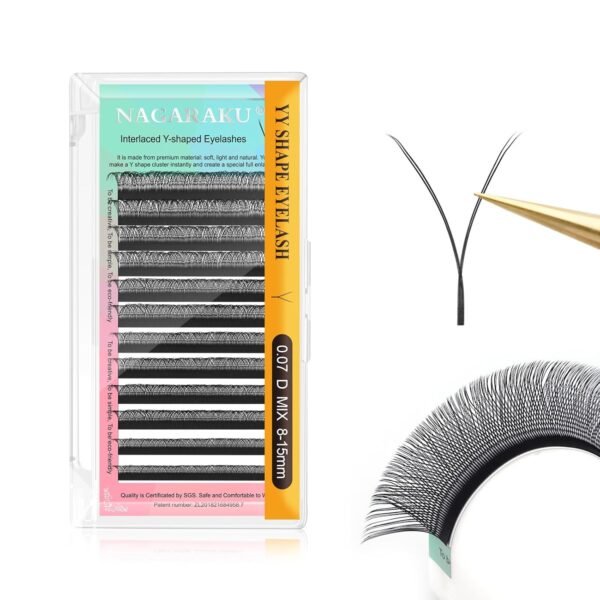 71f5BifGzDL._SL1500_.jpg NAGARAKU YY Eyelash Extensions Supplies Y Lash 4D Easy Fan Russian Volume Crisscross YY Eyelashes Handwoven Y Shaped Mesh Wispy Clusters 12 Rows Pre Fanned Eye Lashes Black - 0.07mm D Curl 8-15mm Mix