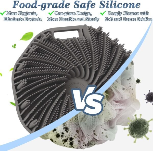 Manmihealth Silicone Back Scrubber & Soft Bath Glove Set 4 PCS(Thin Bristles), Super-Exfoliating Body Scrubber & Super-Lathering Shower Brush Combination, with 2 Free Hooks (Gray)