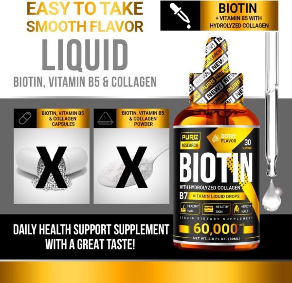 PURE RESEARCH Liquid Biotin & Collagen Hair Growth Drops 60,000mcg - Biotin and Liquid Collagen Supplement for Men & Women - Glowing Skin Support, Healthy Hair & Nail Growth - 2oz