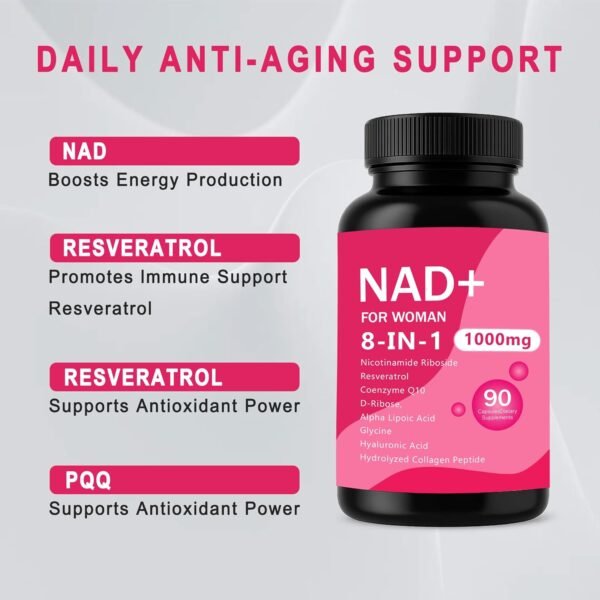 NAD Supplements for Women - with Nicotinamide Riboside & Resveratrol & CoQ10, 8-in-1 NAD+ Supplement for Anti-Aging, Boosts Cellular Energy, Focus- 90 Capsules