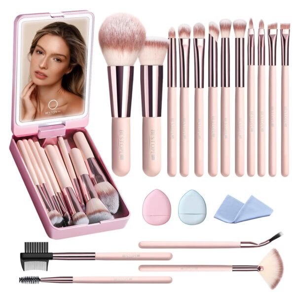 71fo4gCf3LL._SL1500_.jpg Makeup Brushes with Case, 20PCs Travel Makeup Brush Set, Foundation Concealer Blush Eyeshadow Brush Set Contour Powder Eyebrow Eyelash Brush Kit with Led Light Mirror Holder & 2 Powder Puff-Pink
