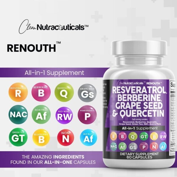 71gMLWgKVL._AC_SL1500_.jpg Clean Resveratrol Supplement | Berberine Grape Seed Extract Quercetin Green Tea Extract Acai Noni Polyphenol Supplement for Women & Men Anti Aging N-Acetyl Cysteine NAD Booster