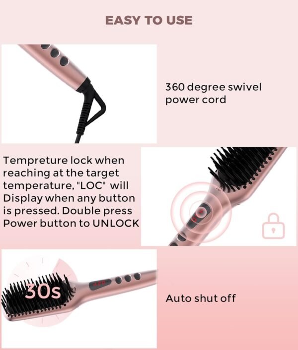 MEGAWISE Pro Ceramic Ionic Hair Straightener Brush for Home Salon | MCH Fast 20s Heating Tech with Auto-Off Safety | Anti-Scald with Universal Dual Voltage | Rotatable Power Cord