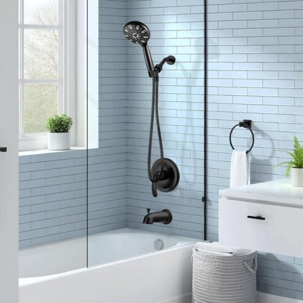 WRISIN Black Shower Faucet Set with Tub Spout (Valve Included), Black Shower Head and Handle Set, Bathtub Faucet with 4.7 Inch and 6 Setting Handheld