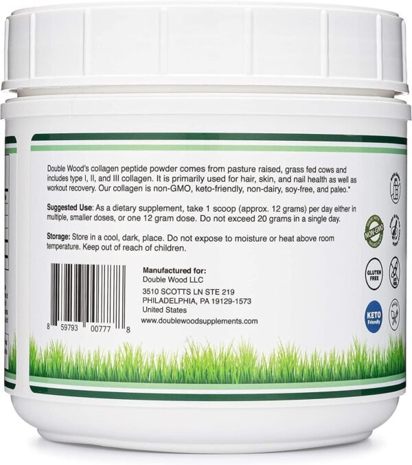Collagen Peptides Powder - Hydrolyzed Collagen, Keto Safe - 16.08oz - Multi Type 1, 2, and 3 (Grass Fed Bovine Source)(Colageno Hidrolizado) Collagen Supplements for Women and Men by Double Wood