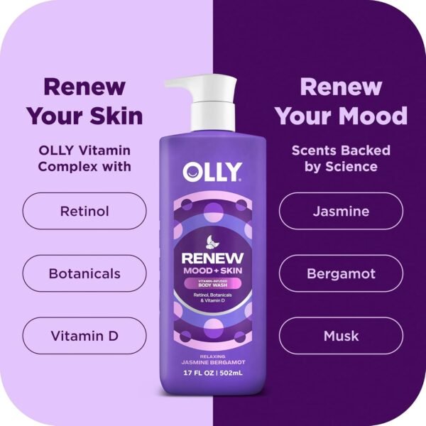 OLLY Renew Body Wash with Vitamin D, Retinol & Botanicals – Nourishing Cleanser for Skin Barrier Repair, Deep Hydration, Jasmine Bergamot Scent, 17oz