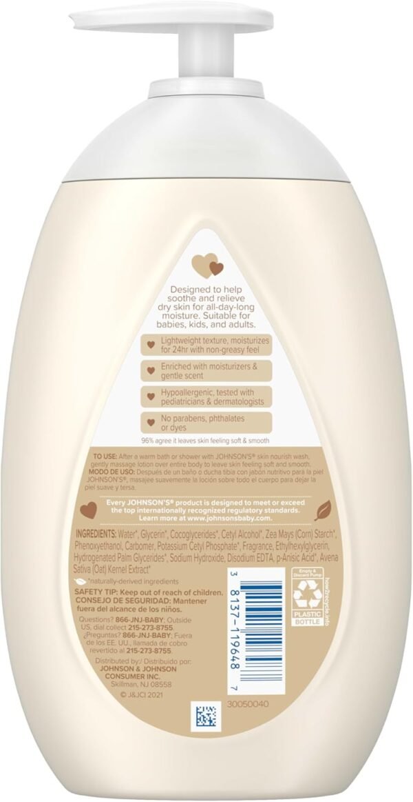 Johnson's Skin Nourish Moisturizing Baby Lotion for Dry Skin with Vanilla & Oat Scents, Gentle & Lightweight Body Lotion for the Whole Family, Hypoallergenic, Dye-Free, 16.9 fl. oz