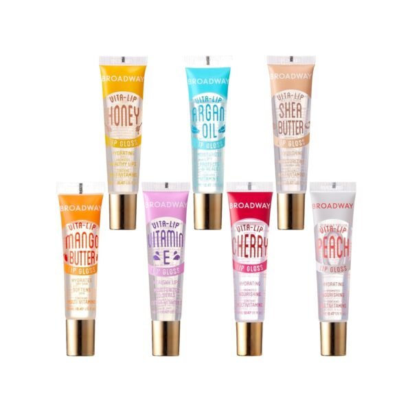 71hd0Isn01L._SL1500_.jpg Ruby Kisses Broadway Vita-Lip Clear Lip Gloss (7 Pack) Ultra-Hydrating & Soothing Formula with Vitamins, High-Shine Non-Sticky Finish Lip Balm with Honey, Argan Oil, Shea, Mango Butter, Cherry, Peach