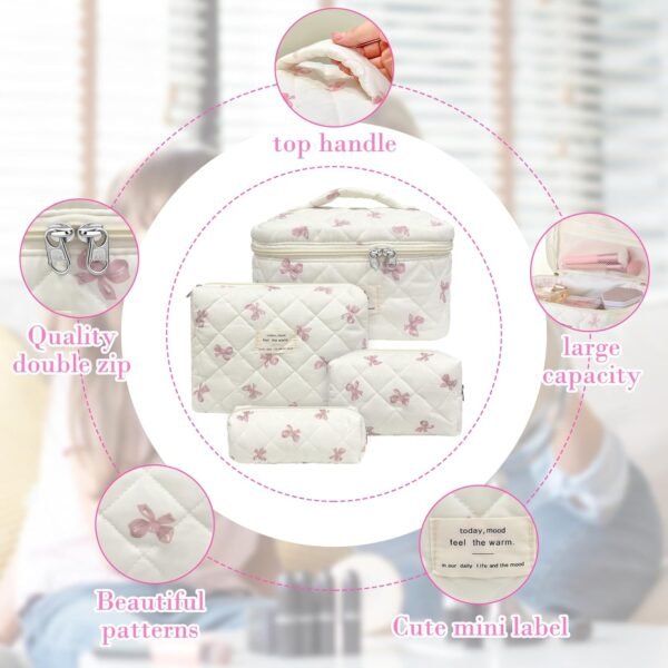 71hlXeIPQUL._AC_SL1500_.jpg 4 Piece Cute Pink Bow Quilted Makeup Bag Set, Large Capacity Travel Makeup Bags for Women and Girls, Includes Small, Small-Medium,Medium, and Large aesthetic makeup&Cosmetic Bags (4PCS-Pink Bow)