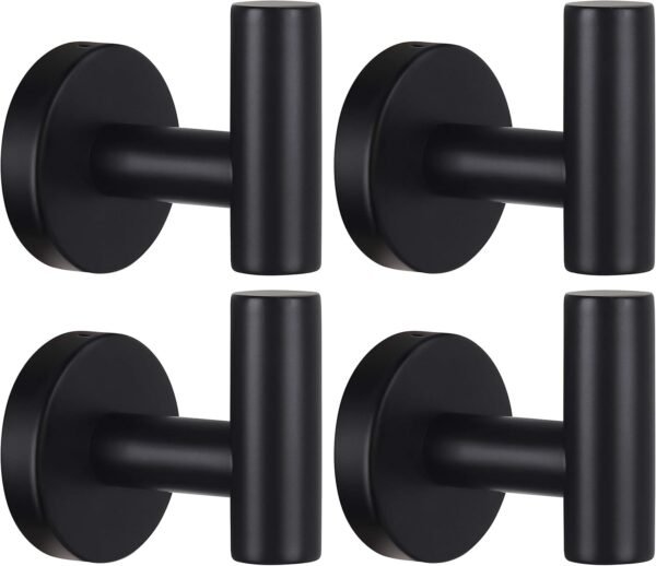 Towel Hooks Bathroom Coat Robe Wall Hook Stainless Steel Heavy Duty Door Hanger Towel Robe Clothes Cabinet Closet Sponges Rack for Bathroom Bedroom Kitchen Hotel Pool 4 Packs Matte Black