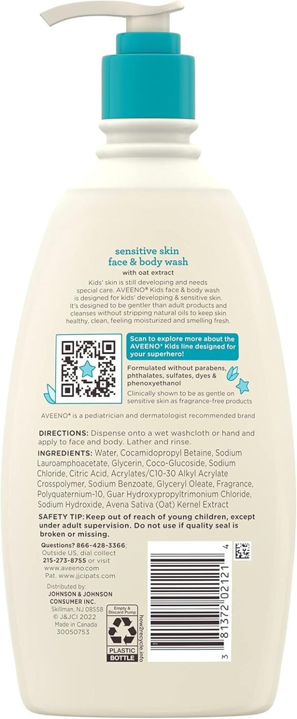 Aveeno Kids Sensitive Skin Face and Body Wash with Oat Extract, Gently Washes Away Dirt and Germs Without Drying, Tear-Free, Hypoallergenic Kids Body Wash, 18 fl. oz, 2 Pack