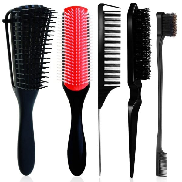 5 Pcs Detangling Brush Set Cushion Nylon Bristle Shampoo Brush Dual Edge Teasing Comb (Black-1)