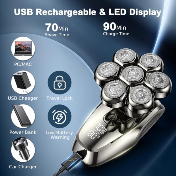 7D Head Shavers for Bald Men, Upgrade 5 in 1 Waterproof Electric Razor Men's Grooming Kit, Detachable Wet/Dry Anti-Pinch Head Shavers for Bald Men, LED Display Type-C Charge Head Shaver