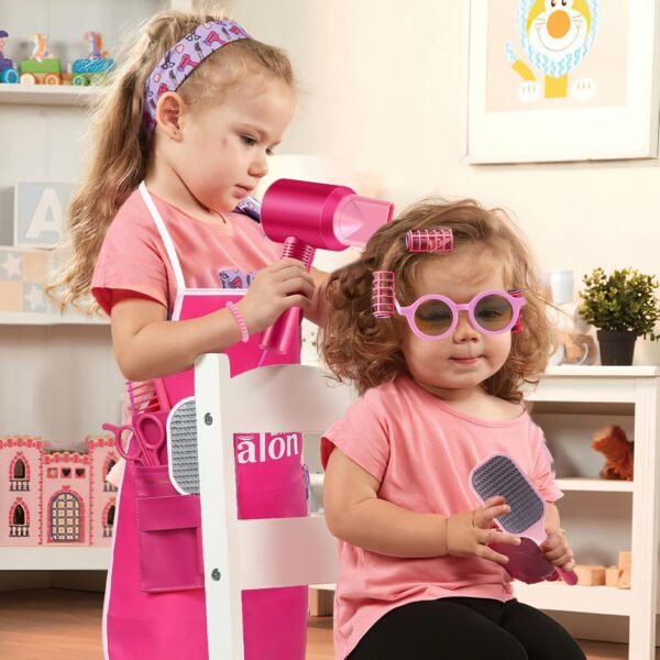71ishA-7fHL._AC_SL1500_.jpg G.C Girls Hair Salon Toys Kids Pretend Play Hair Styling Kit with Realistic Blow Dryer Straightener Stylist Apron Scissors Accessories Beauty Makeup Set Birthday Gifts for Toddler Girls 3 4 5 6+