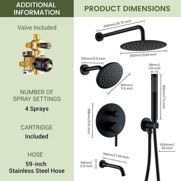 CASAINC 4 Functions Shower Faucet Set Wall Mounted Rainfall Shower System with 10" & 6" Dual Showerheads,Handheld and Bathtub Spout, Matte Black