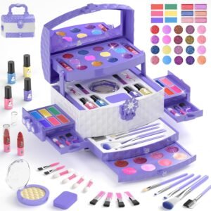 GirlsHome Kids Makeup Set for Girl 56 Pcs Washable Real Cosmetic, Non-Toxic Frozen Toys Toddler Makeup Kit, Frozen Princess Dress up Kit Christmas & Birthday Girl Gift for 3-12 (Frozen Purple)