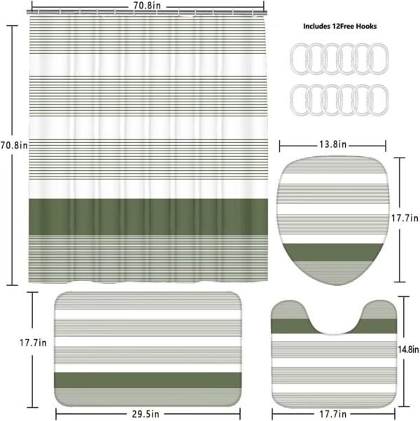 DDQQ 4Pcs Boho Streak Shower Curtain Sets with Rugs Sage Green Stripe Bathroom Sets Shower Curtain with 12 Hooks Bathroom Decor with Rugs Bath Accessories with Mats Toilet Lid Cover