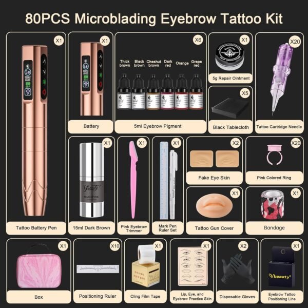 Microblading Kit - Professional Complete Wireless Tattoo Gun Kit with 2Pcs Battery, 20Pcs Needles, Semi-Permanent Makeup Microblading Supply Set for Eyebrow, Lip, Eyeliner (Rose Gold)