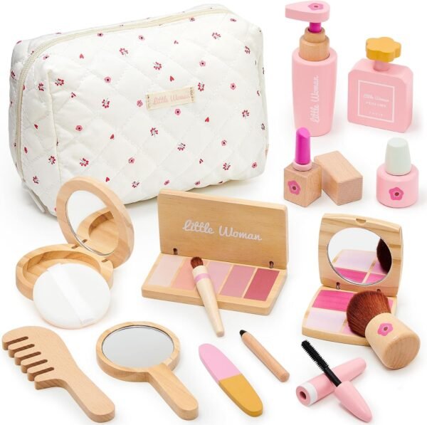 Wooden Makeup Toy Set for Girls Pretend Play Makeup Kit for Toddlers 3-5 with Eyeshadow/ Mascara/ Perfume/ Blush/ Mirror/ Bag, Birthday Gifts for Girls Toys Kids Aged 3 4 5 6 7 8