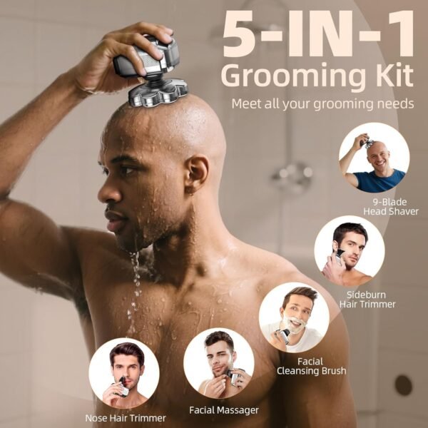9D Head Shavers for Bald Men, 5 in 1 Detachable Head Shaver with LED Display, IPX7 Waterproof Wet Dry Rechargeable Electric Shavers for Men Grooming Kit for Home & Travel