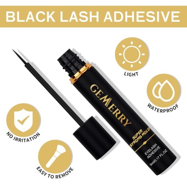 GEMERRY False Lash Glue - Super Strong Hold Black Non-Irritating Waterproof Eyelash Adhesive for Any DIY Strip Lashes - 5ml 0.17oz