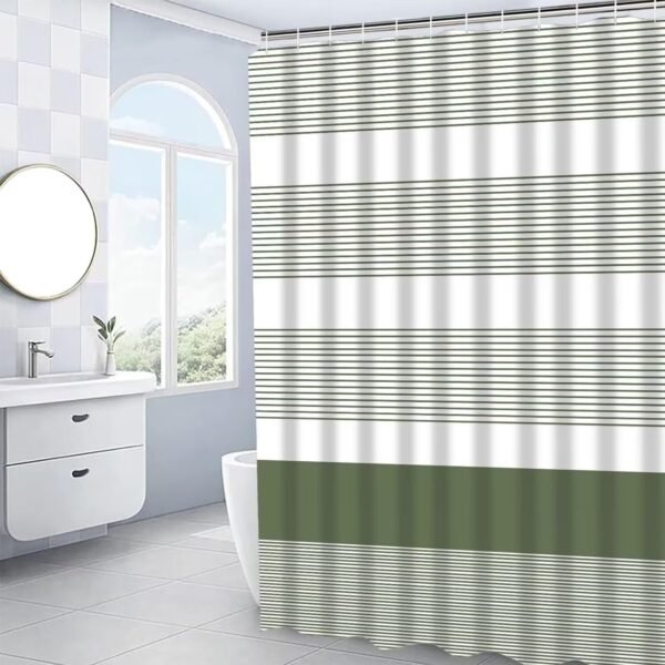 DDQQ 4Pcs Boho Streak Shower Curtain Sets with Rugs Sage Green Stripe Bathroom Sets Shower Curtain with 12 Hooks Bathroom Decor with Rugs Bath Accessories with Mats Toilet Lid Cover