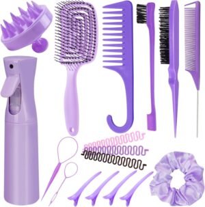 FOTN 17 Pcs Hair Brush and Comb Set for Women, Detangling, Styling, Edge Bristles, Wide Tooth Rat Tail, Spray Bottles, Topsy Hair Tail, Hair Braiding Kit for Girls (Purple)