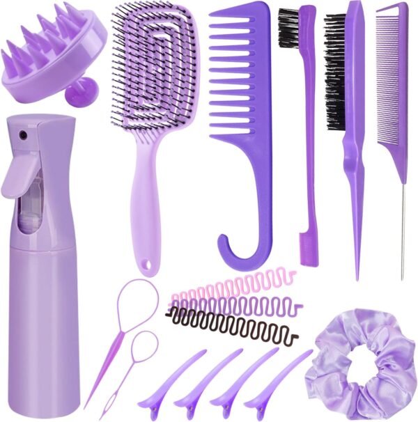 FOTN 17 Pcs Hair Brush and Comb Set for Women, Detangling, Styling, Edge Bristles, Wide Tooth Rat Tail, Spray Bottles, Topsy Hair Tail, Hair Braiding Kit for Girls (Purple)