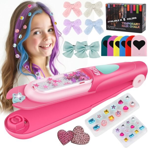 Hair Gem Stamper Kit with Temporary Hair Chalk, Gem Stapler for Hair, Hair Jewel Stamper for Girls Toy, Washable Hair Chalk Bedazzler Kit for Girl, Reusable Hair Styling Tool for Ages 6-12 Girls