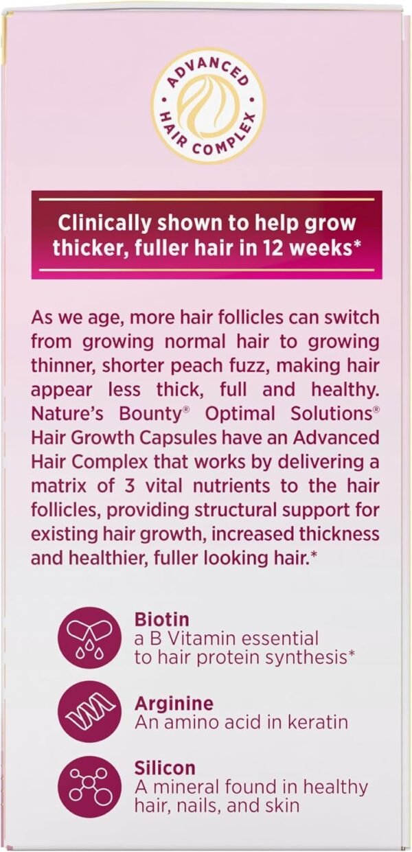 Nature's Bounty Optimal Solutions Hair Growth Supplement with Biotin, Hair Growth Vitamins with Biotin Silicon & Arginine, 1 Per Day, 30 Capsules, One Month Supply