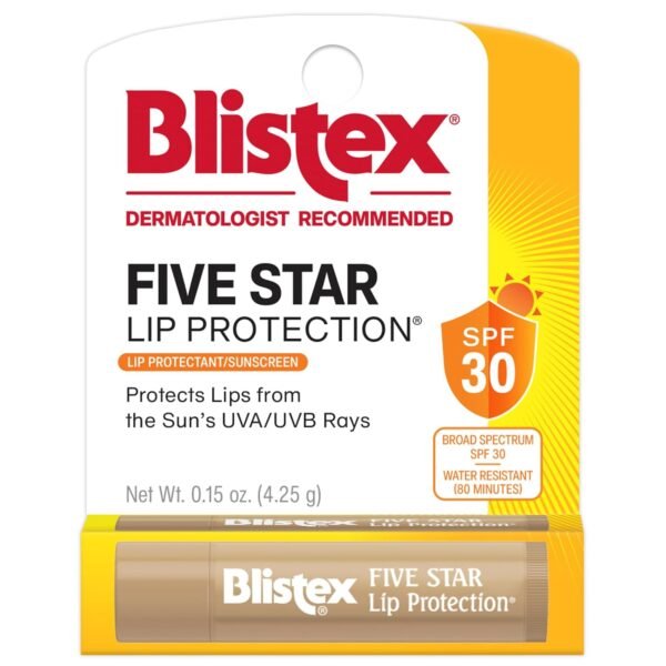 71jodT6B0KL._SL1500_.jpg Blistex Five Star Lip Protection Balm, 0.15 Ounce ? Wind & Water-Resistant Lip Care, Broad Spectrum SPF 30 Sun Protection, Soothes Cold Chapped Lips, Hydrating Lip Treatment, Holds in Moisture