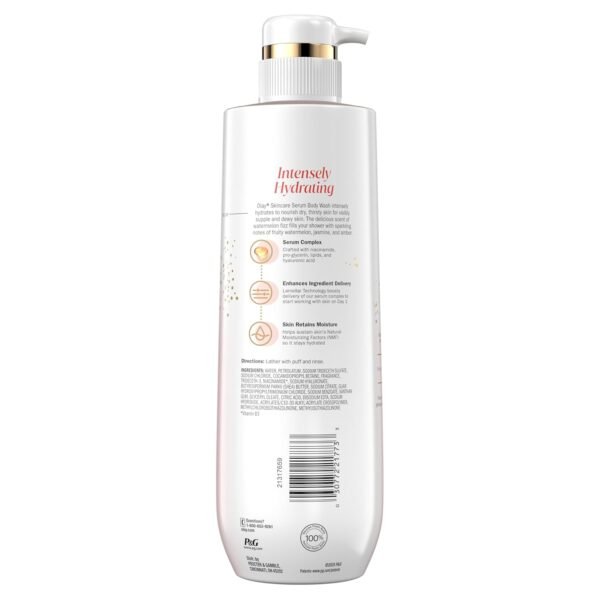 Olay Body Wash for Women, Intensely Hydrating, Pro-Hyaluronic Acid Serum Complex, Renews Moisture, Vitamin B3 Lameller Technology, For All Skin Types, Watermelon Summer Fizz Scent, 20 fl oz