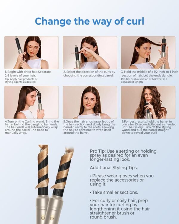 6 in ONE Blow Dryer Brush,Air Curling Iron Round Brush for Blow Out 800W,Ionic Hair Dryer Brush for Women, Blowout Brush Air Styler Curler (Golden Champagne)