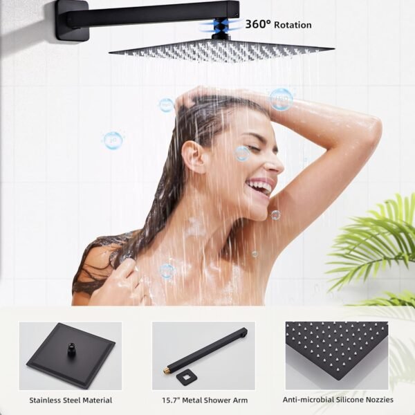 Shower Faucet Set, Matte Black Rainfall Shower System Complete Wall Mounted for Bathroom with 8 Inch Square Shower Head and Handheld Shower Head Rain Mixer Combo Set