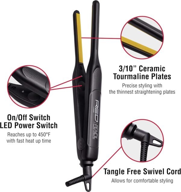 71l8XKelbxL._AC_SL1500_.jpg RED by KISS 0.3 Inch Pencil Flat Iron with Ceramic Tourmaline, Hair Straightener for Thin and Short Hair Edge Styling, Even Heat Distribution with Fast Heat Up 450° F Max Temperature, Black
