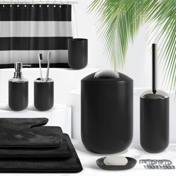 Clara Clark Bathroom Set - Black Bathroom Accessories Set, Bathroom Sets with Shower Curtain and Rugs, 23PC Shower Curtain Set with Liner, Soap Dispenser, Toilet Brush, & Trash Can