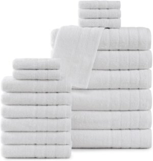Casa Platino 100% Cotton Luxury Bathroom Towel Set - 18 Pcs - Super Soft, Fluffy & Highly Absorbent - 6 Large Bath Towels, 6 Washcloths, 6 Hand Towels - Complete Family Pack - White Bath Towel Set