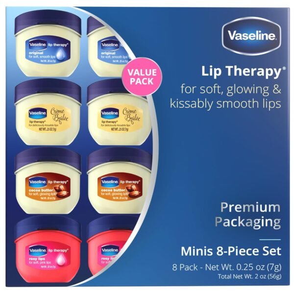 71lmBliHFcL._SL1500_.jpg Vaseline Lip Therapy Variety 8-Pack – Original, Crème Brûlée, Rosy Lips, Cocoa Butter Mini Lip Balms for Soft, Glowing, and Deliciously Kissable Lips, 0.25 Oz Ea
