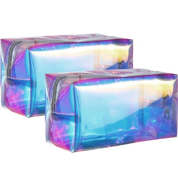 Boao 2 Pcs Clear Iridescent Holographic Makeup Bag Glitter Travel Cosmetic Pouches Toiletry Bag with Zipper Toiletry Organizer Case for Purse Diaper Beach Office Gift(Plain)
