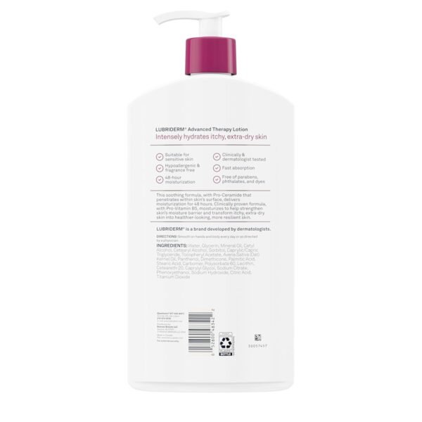 Lubriderm Advanced Therapy Fragrance Free Hand & Body Lotion + Pro-Ceramide, Intense Hydration for Itchy, Extra Dry, & Sensitive Skin, Non-Greasy, Hypoallergenic, Value Size, 32 fl. oz