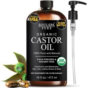 71mK1aI7sJL._SL1500_.jpg Organic Castor Oil for Hair, Scalp, Skin, Face & Eyelashes | USDA Certified | 100% Pure Castor Oil Organic Cold Pressed Unrefined Glass Bottle, Hexane Free - Soulspa Pure - 16 fl oz