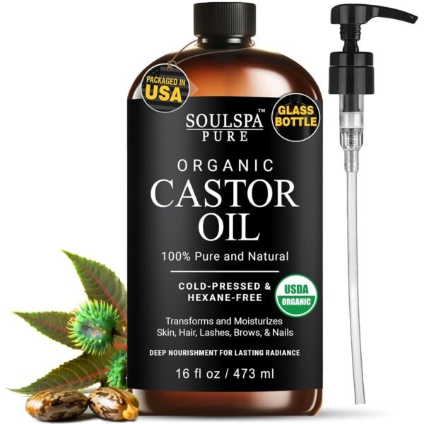 71mK1aI7sJL._SL1500_.jpg Organic Castor Oil for Hair, Scalp, Skin, Face & Eyelashes | USDA Certified | 100% Pure Castor Oil Organic Cold Pressed Unrefined Glass Bottle, Hexane Free - Soulspa Pure - 16 fl oz
